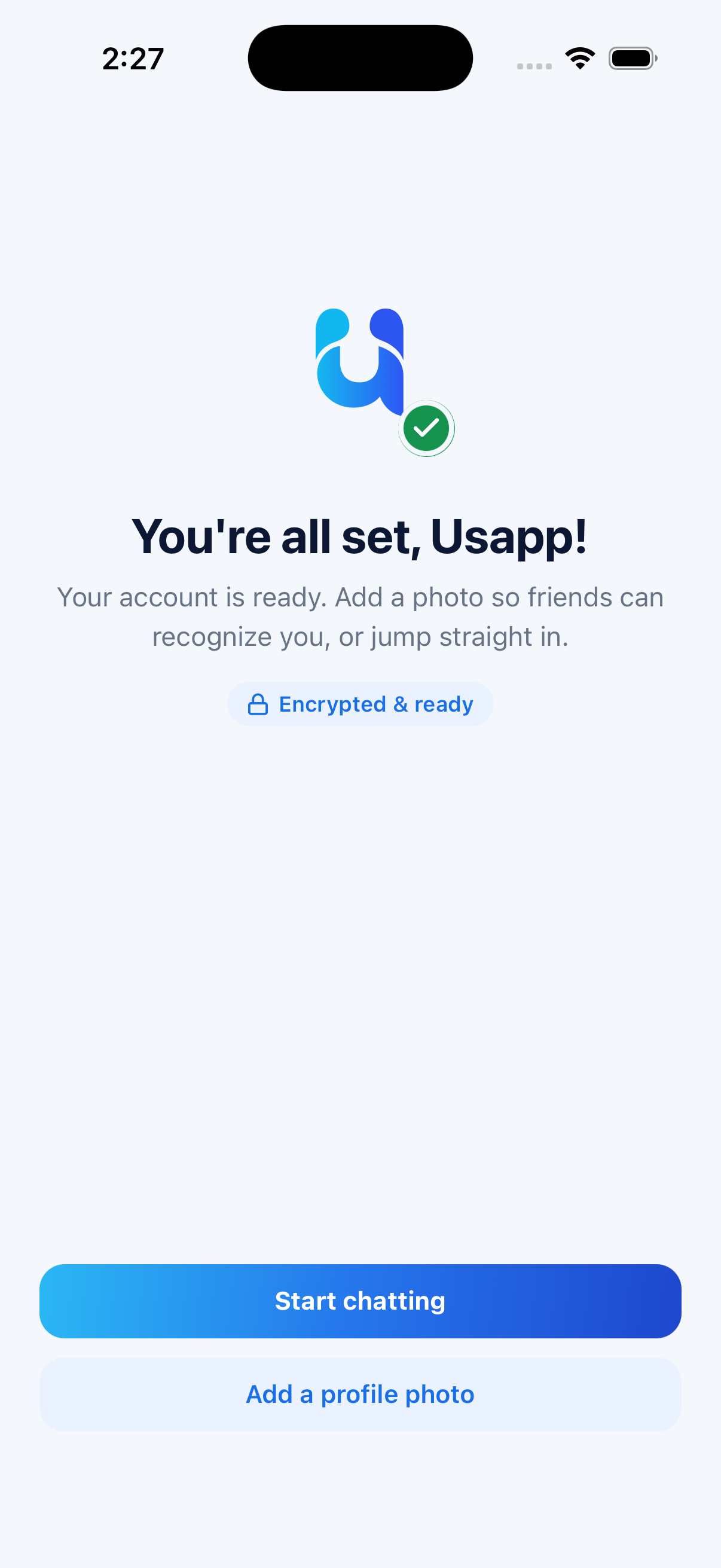 The Usapp account-ready screen