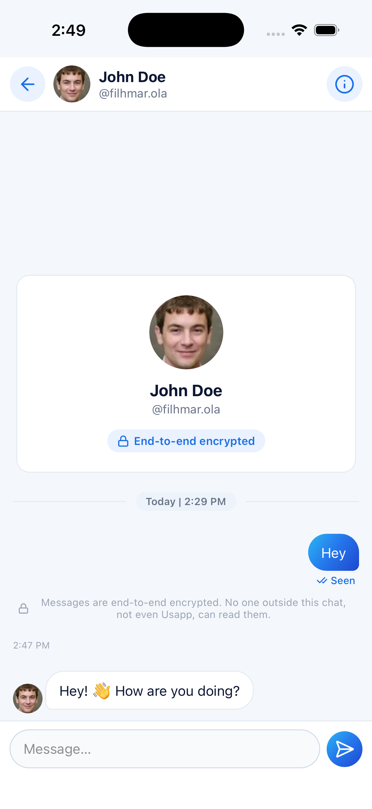 A Usapp conversation showing an end-to-end encrypted chat