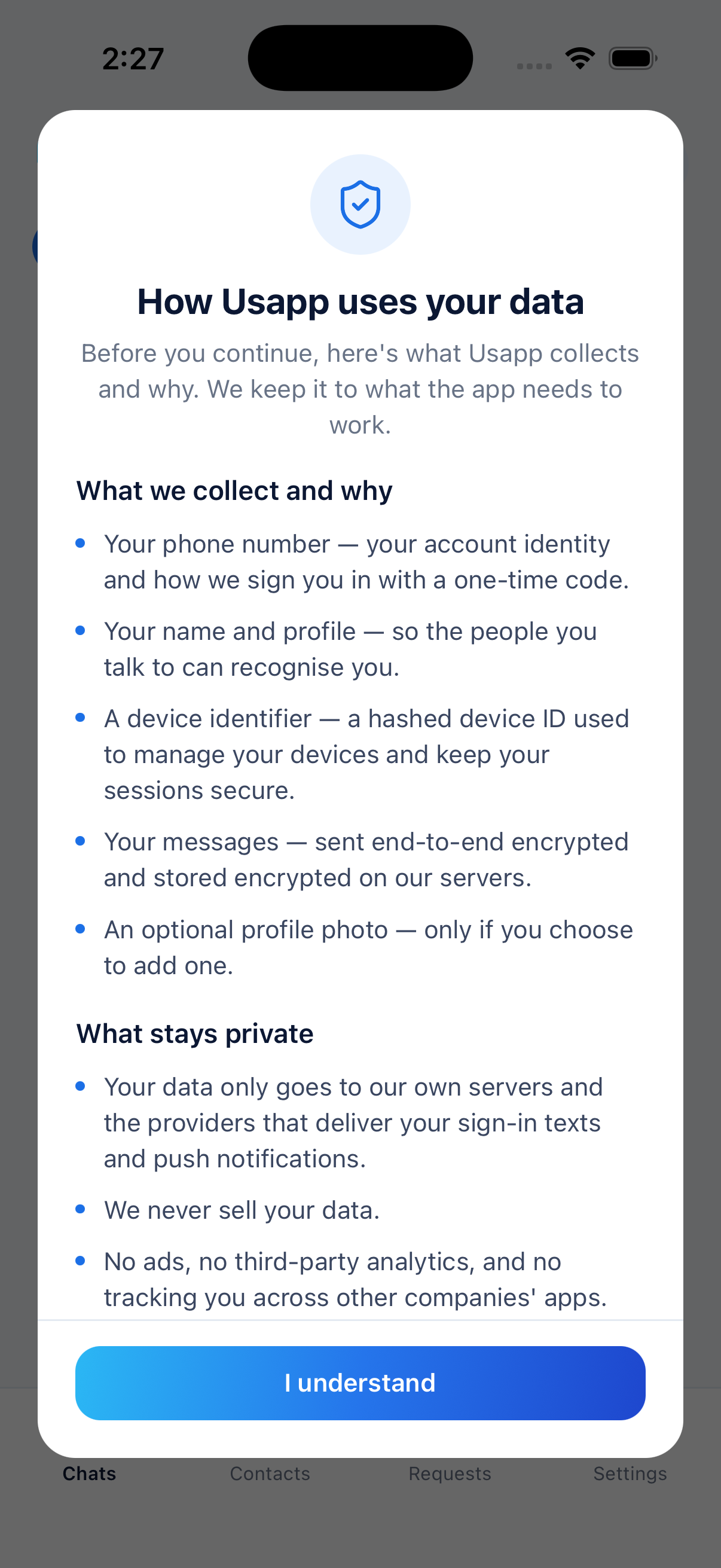 Usapp explaining what data it collects and why
