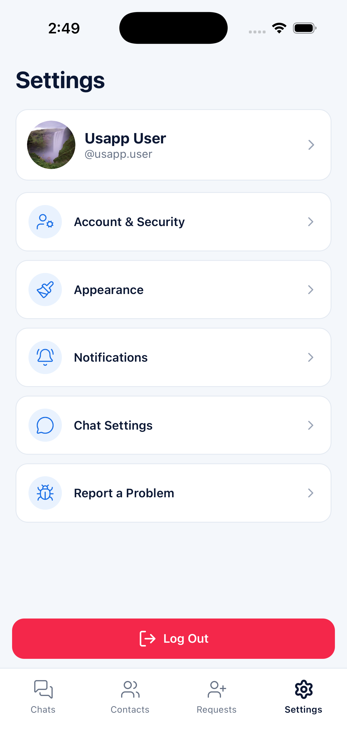 Usapp settings screen