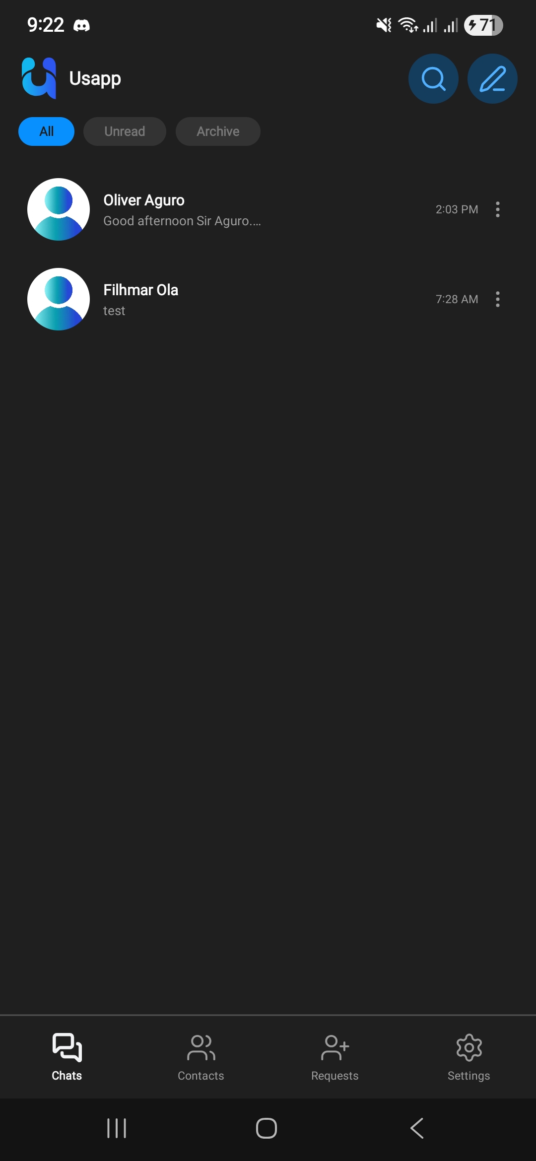 Account actions screen