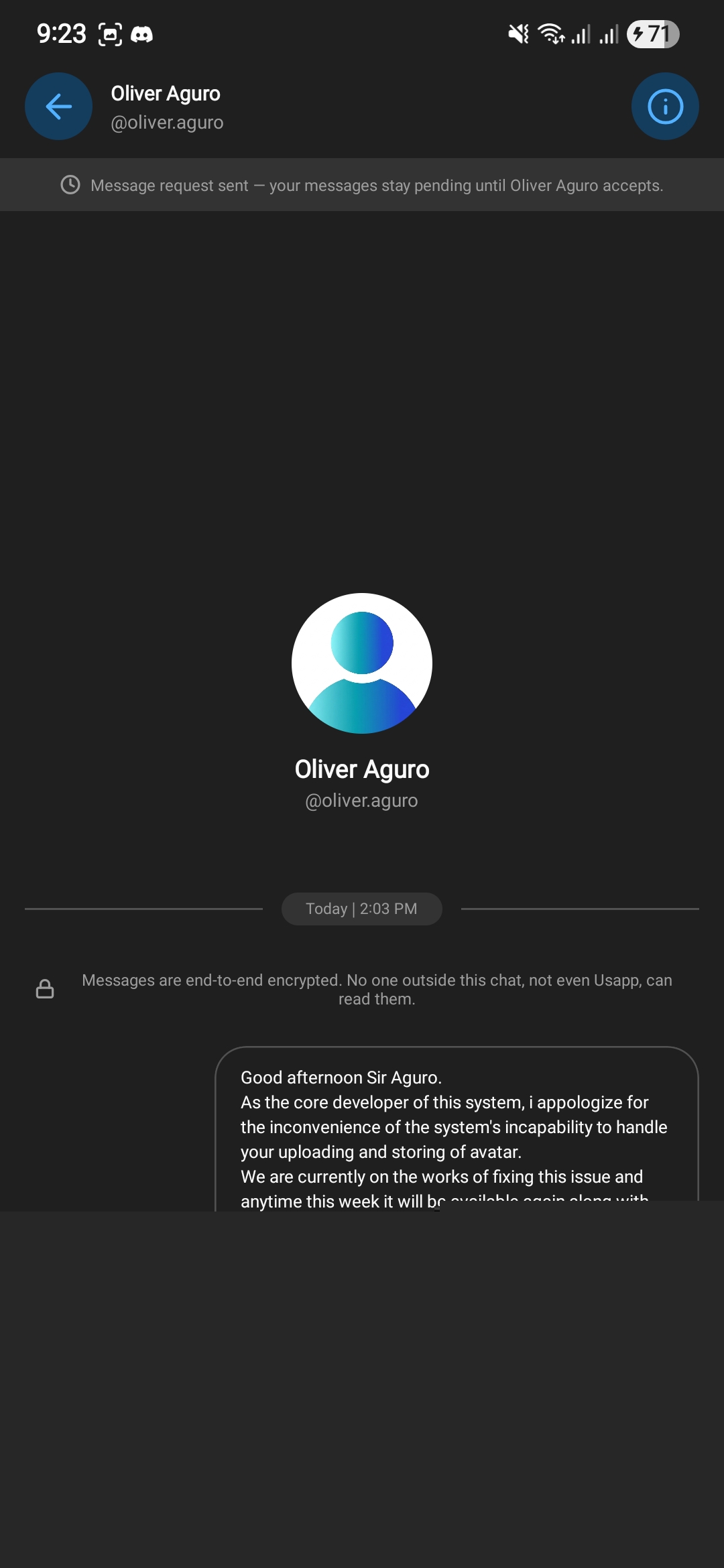 A Usapp conversation showing an end-to-end encrypted chat